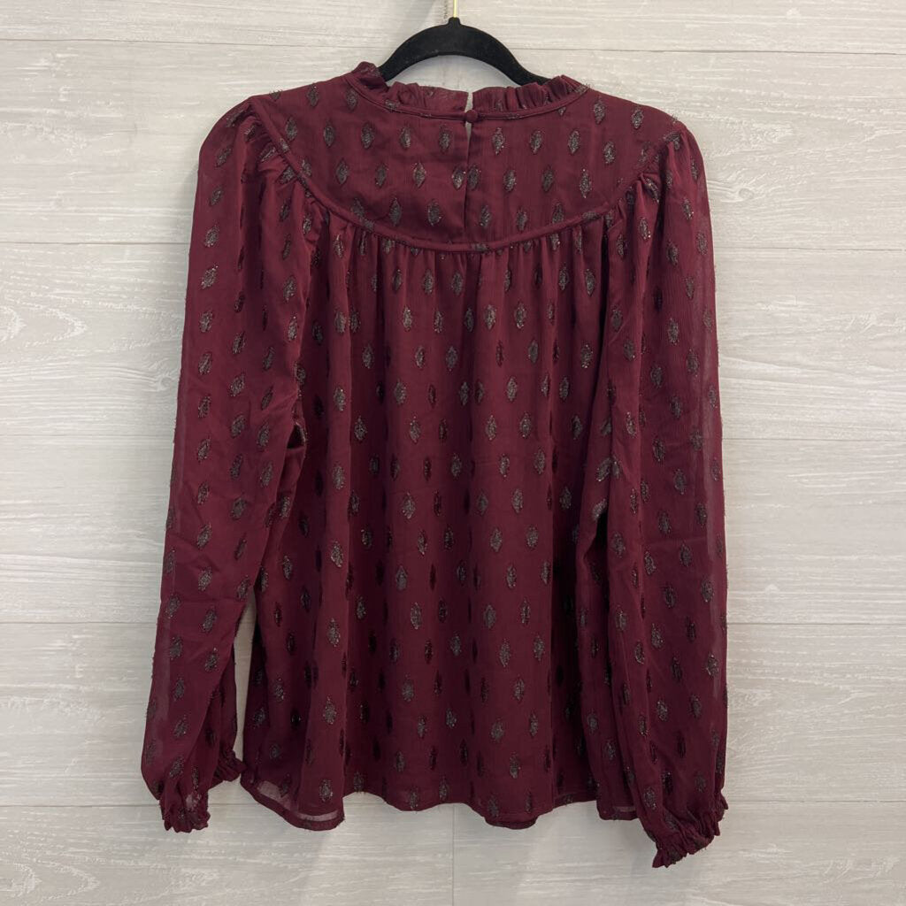 Loft Burgundy Metallic Dot Print Long Sleeve Mock Neck Top Large