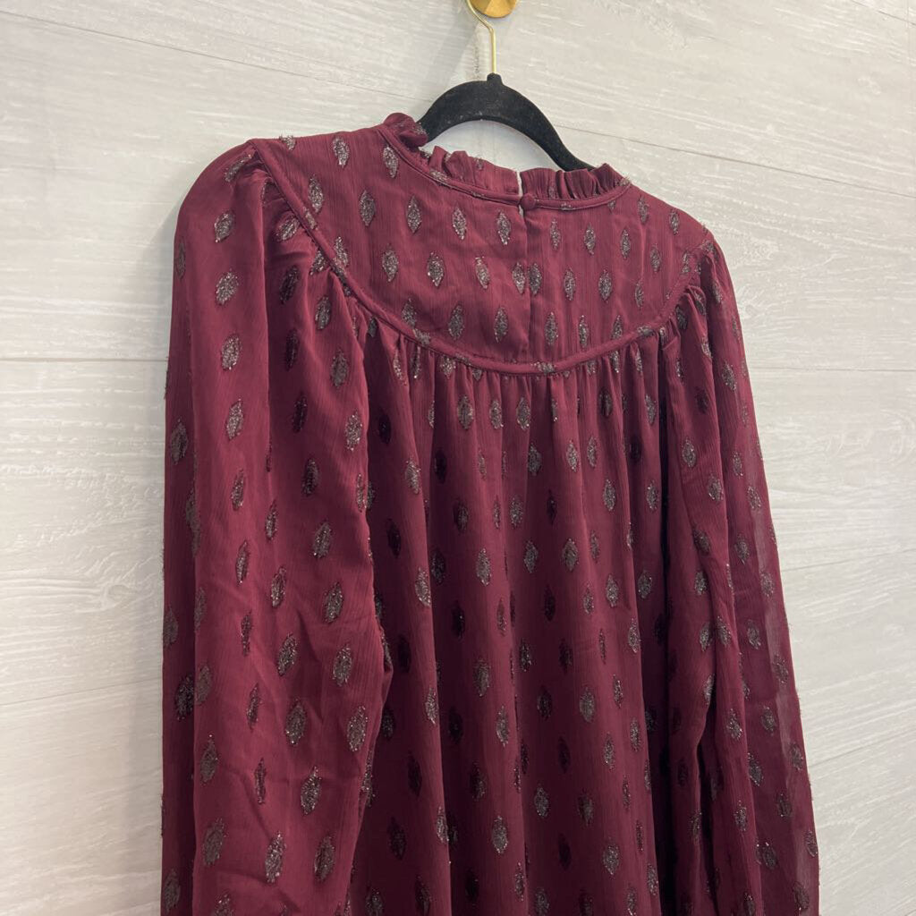 Loft Burgundy Metallic Dot Print Long Sleeve Mock Neck Top Large