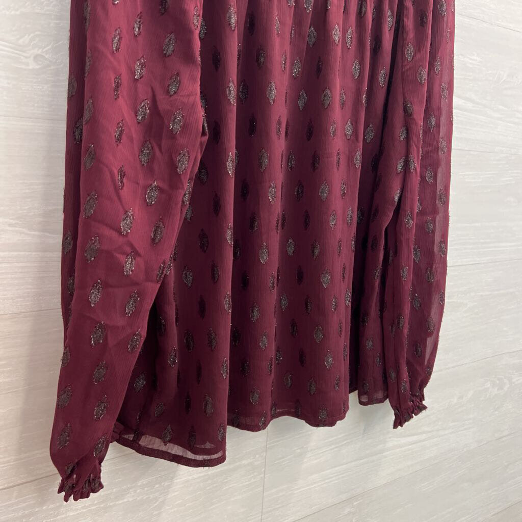 Loft Burgundy Metallic Dot Print Long Sleeve Mock Neck Top Large