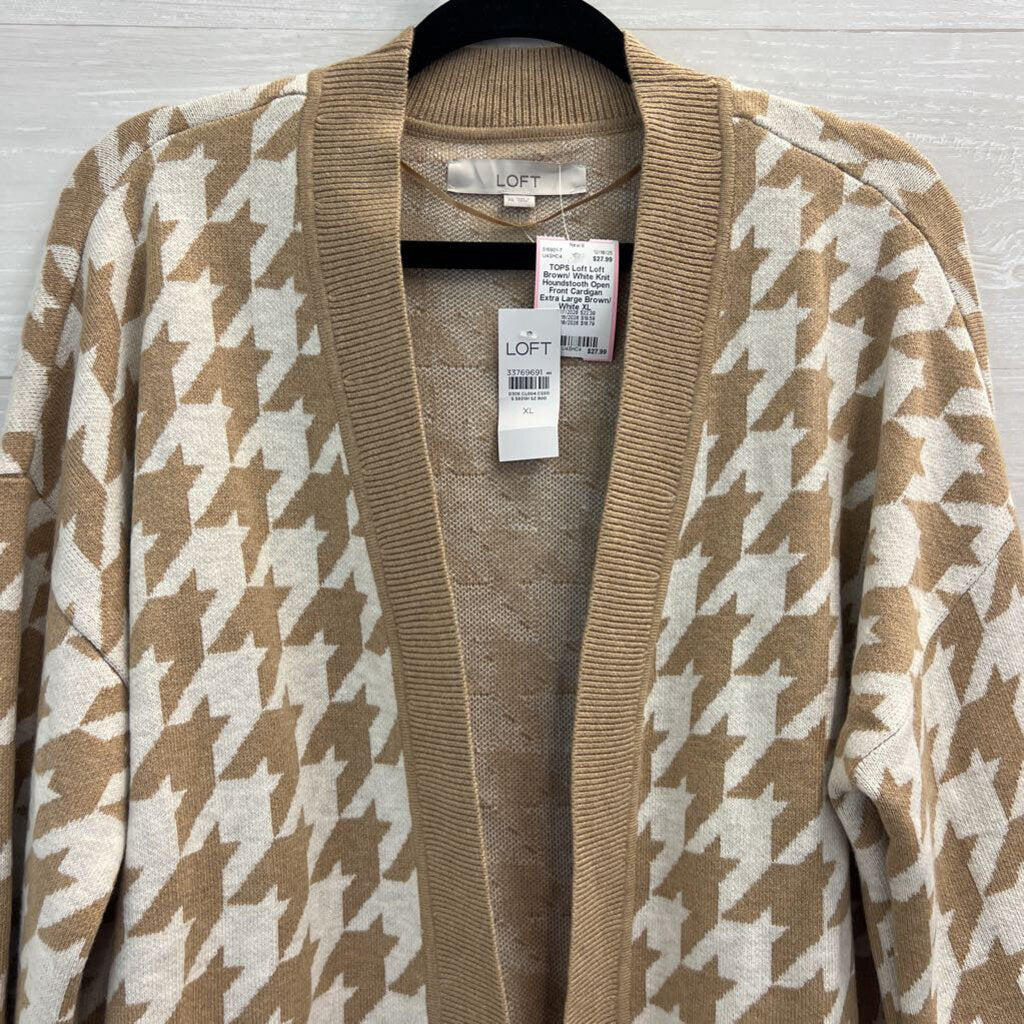 Loft Brown/ White Knit Houndstooth Open Front Cardigan Extra Large