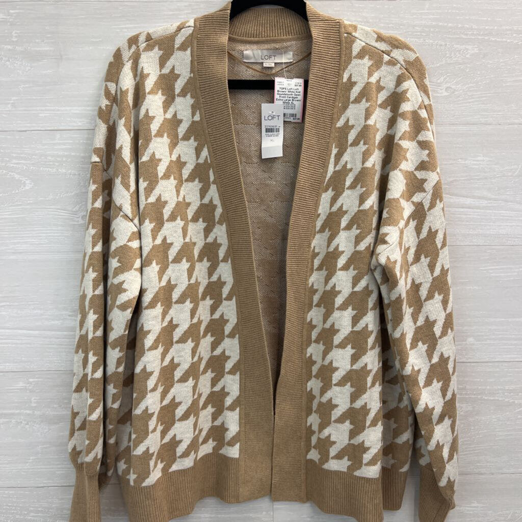 Loft Brown/ White Knit Houndstooth Open Front Cardigan Extra Large