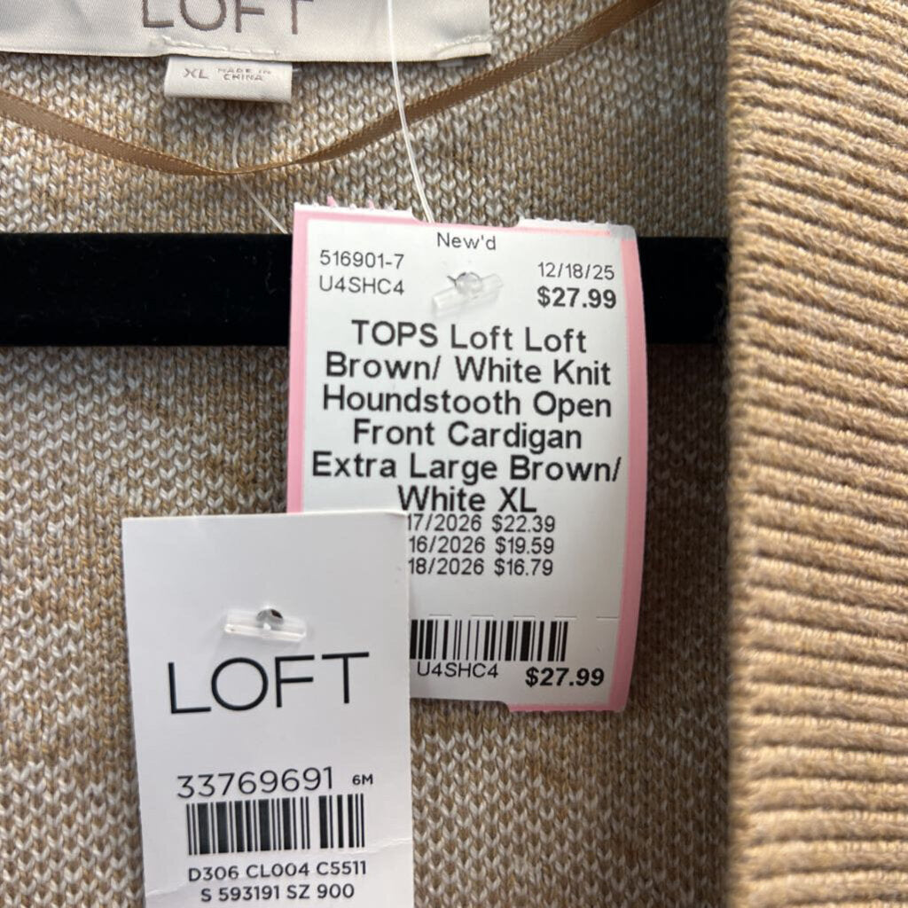 Loft Brown/ White Knit Houndstooth Open Front Cardigan Extra Large