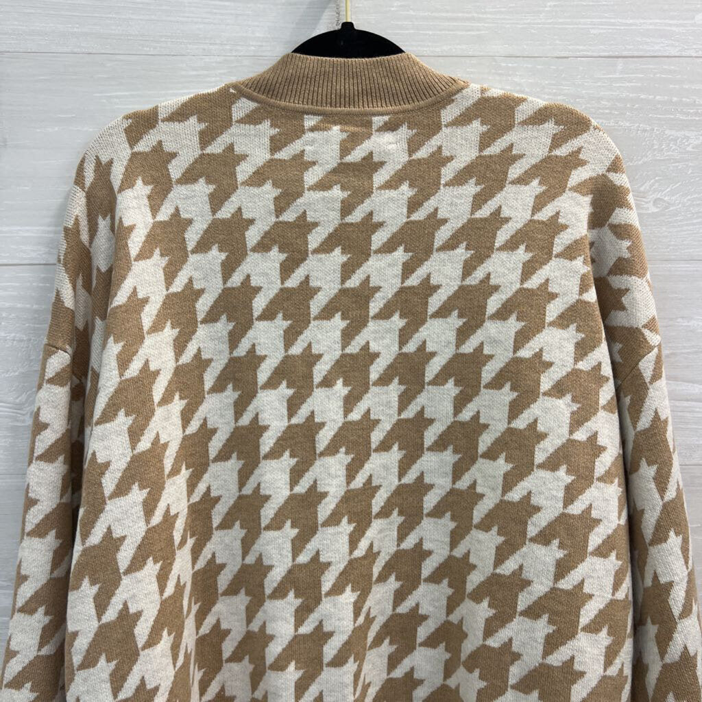 Loft Brown/ White Knit Houndstooth Open Front Cardigan Extra Large
