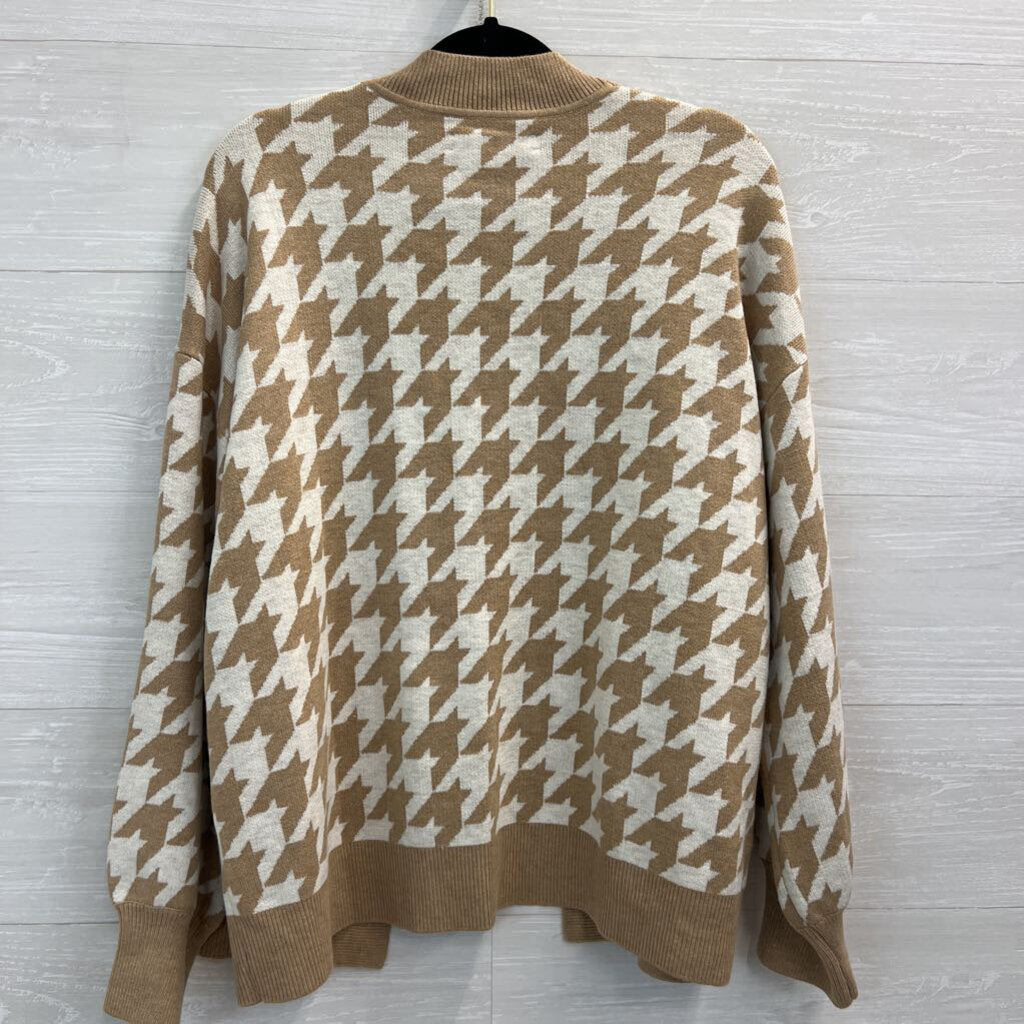 Loft Brown/ White Knit Houndstooth Open Front Cardigan Extra Large