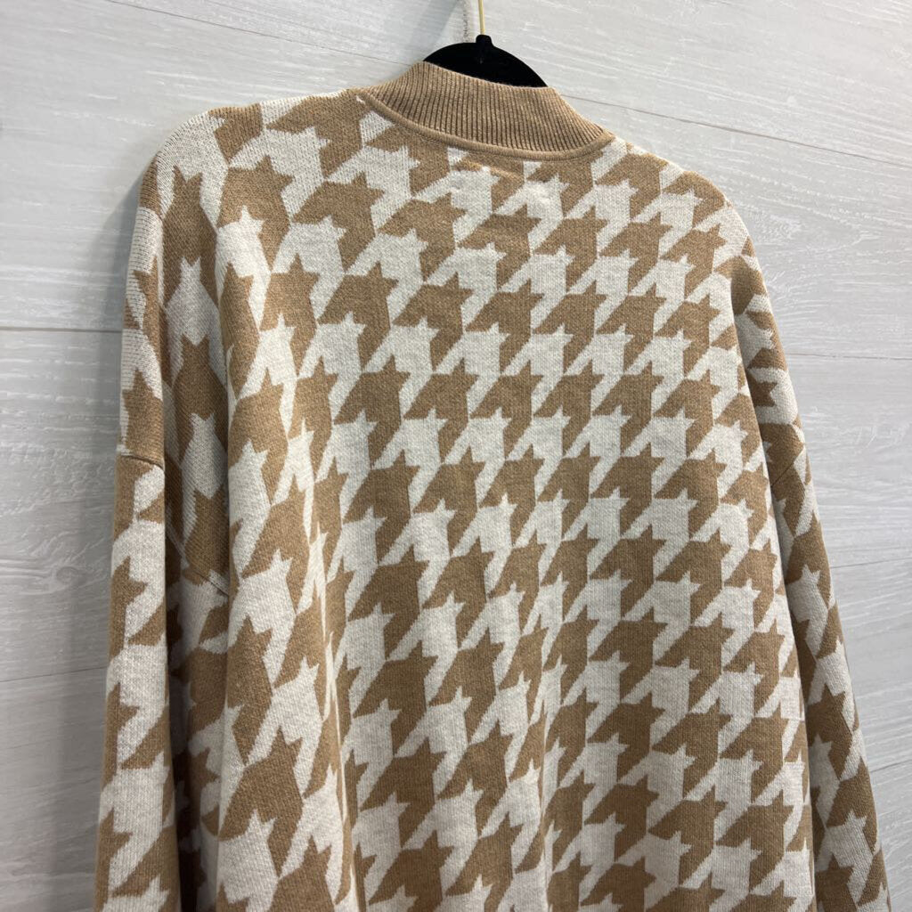 Loft Brown/ White Knit Houndstooth Open Front Cardigan Extra Large