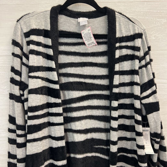 Chicos Grey/ Black Fuzzy Soft Stripe Print Long Open Front Cardigan Large