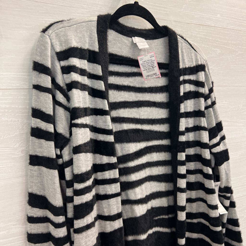 Chicos Grey/ Black Fuzzy Soft Stripe Print Long Open Front Cardigan Large