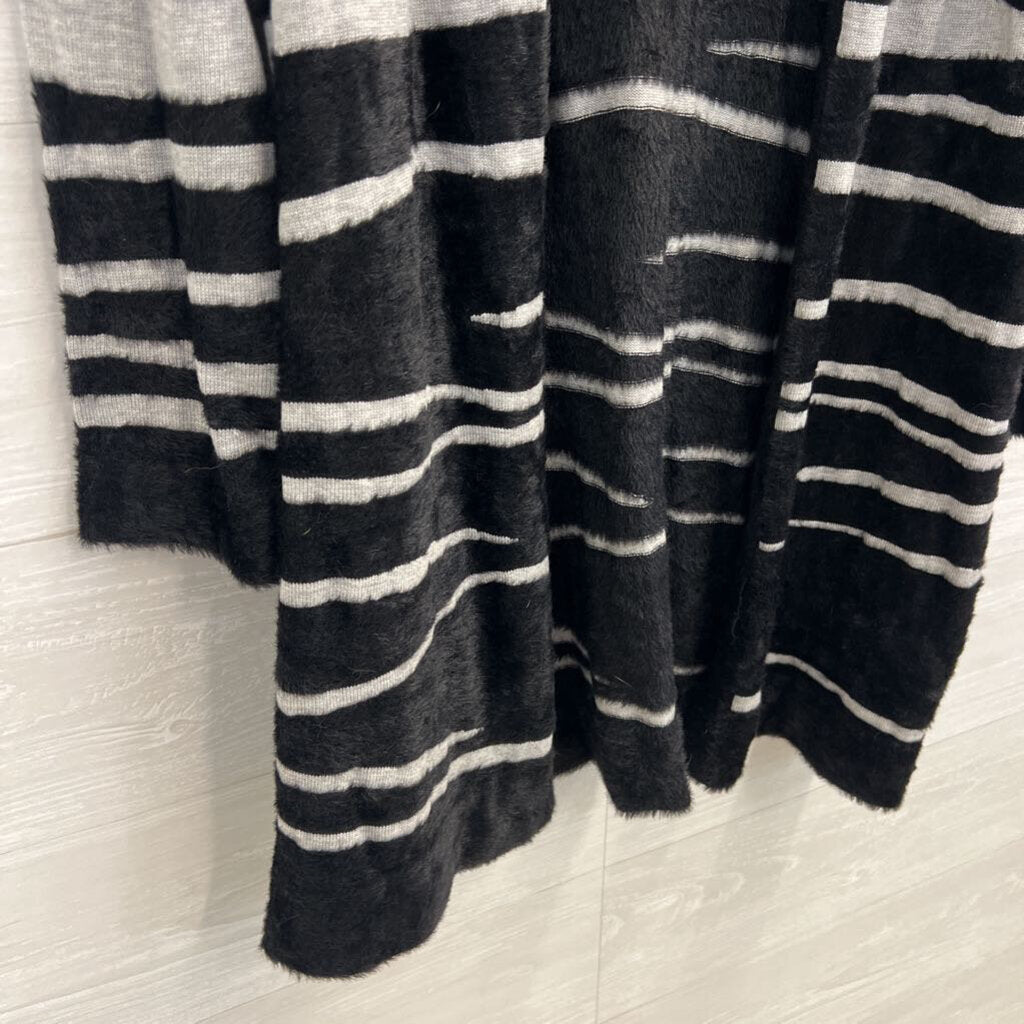 Chicos Grey/ Black Fuzzy Soft Stripe Print Long Open Front Cardigan Large