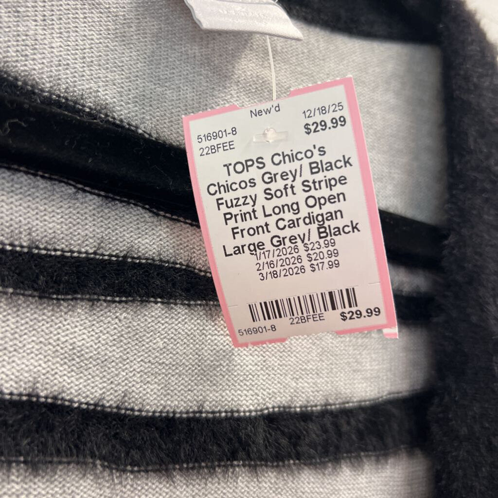 Chicos Grey/ Black Fuzzy Soft Stripe Print Long Open Front Cardigan Large