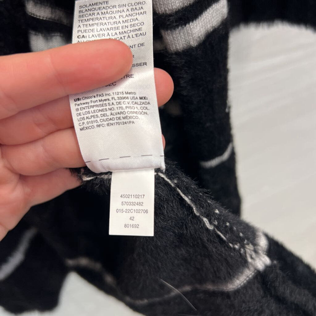 Chicos Grey/ Black Fuzzy Soft Stripe Print Long Open Front Cardigan Large