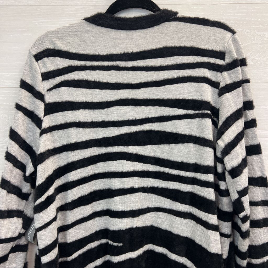 Chicos Grey/ Black Fuzzy Soft Stripe Print Long Open Front Cardigan Large