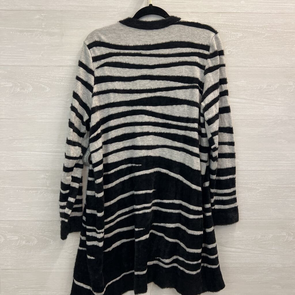 Chicos Grey/ Black Fuzzy Soft Stripe Print Long Open Front Cardigan Large