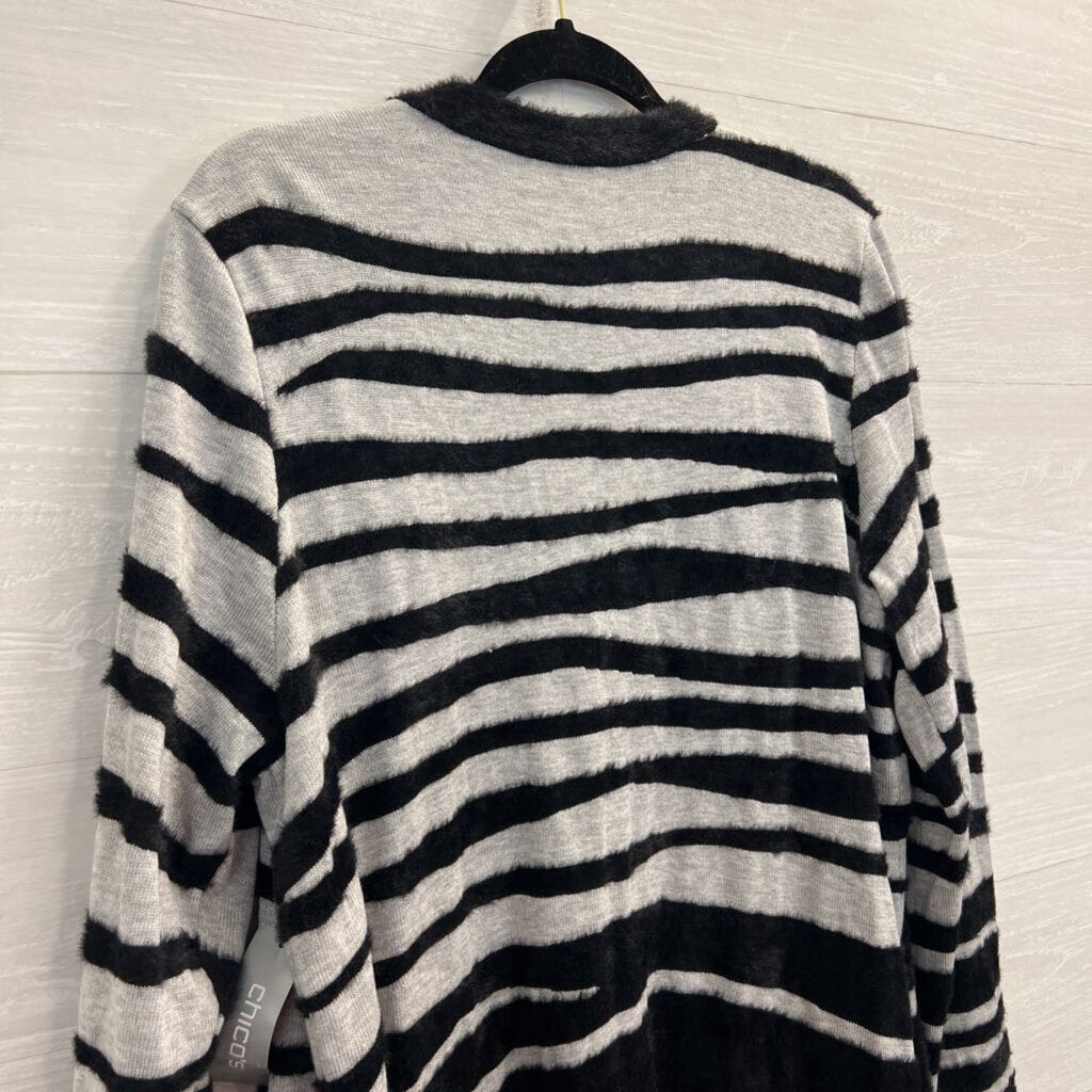 Chicos Grey/ Black Fuzzy Soft Stripe Print Long Open Front Cardigan Large