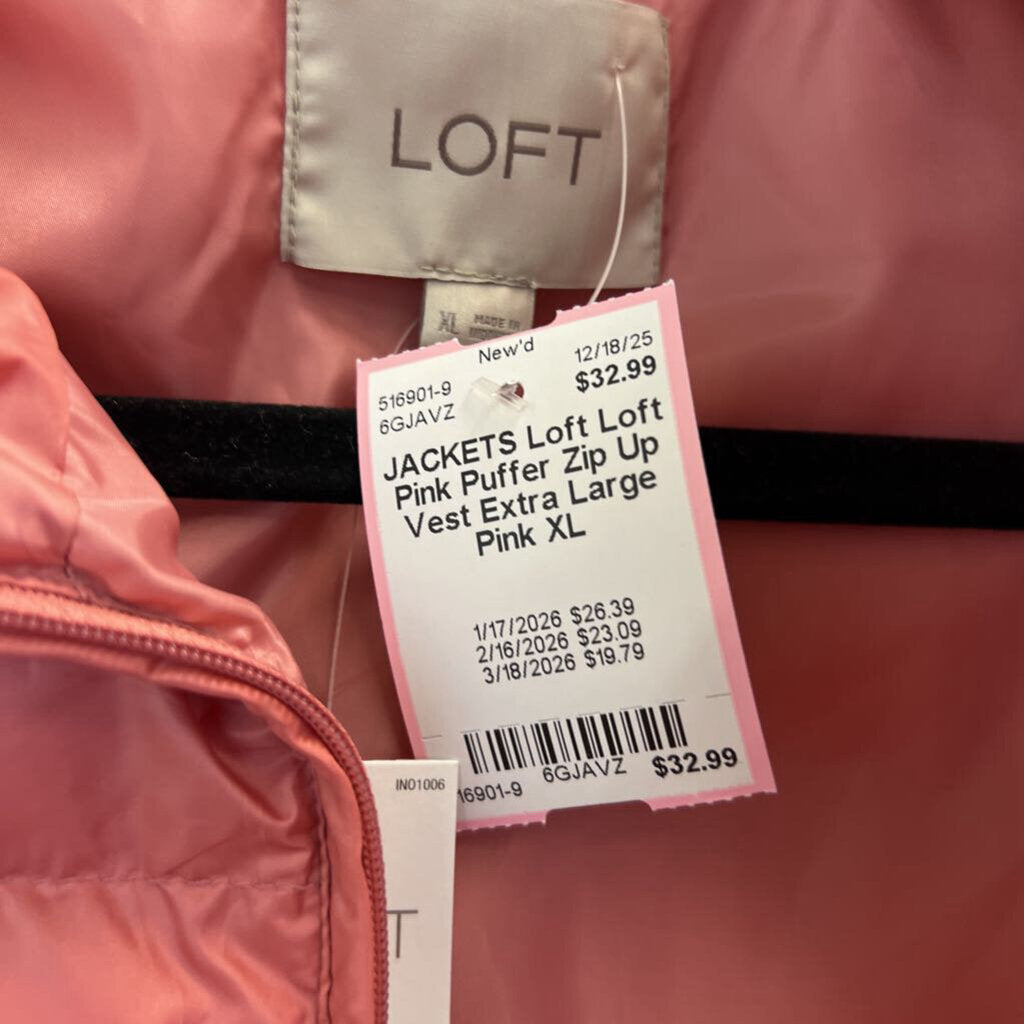 Loft Pink Puffer Zip Up Vest Extra Large