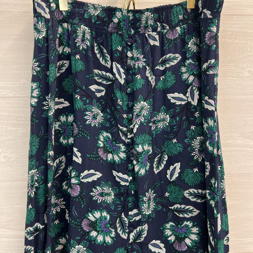 Loft Navy/ Green Print Silky Midi Skirt Large