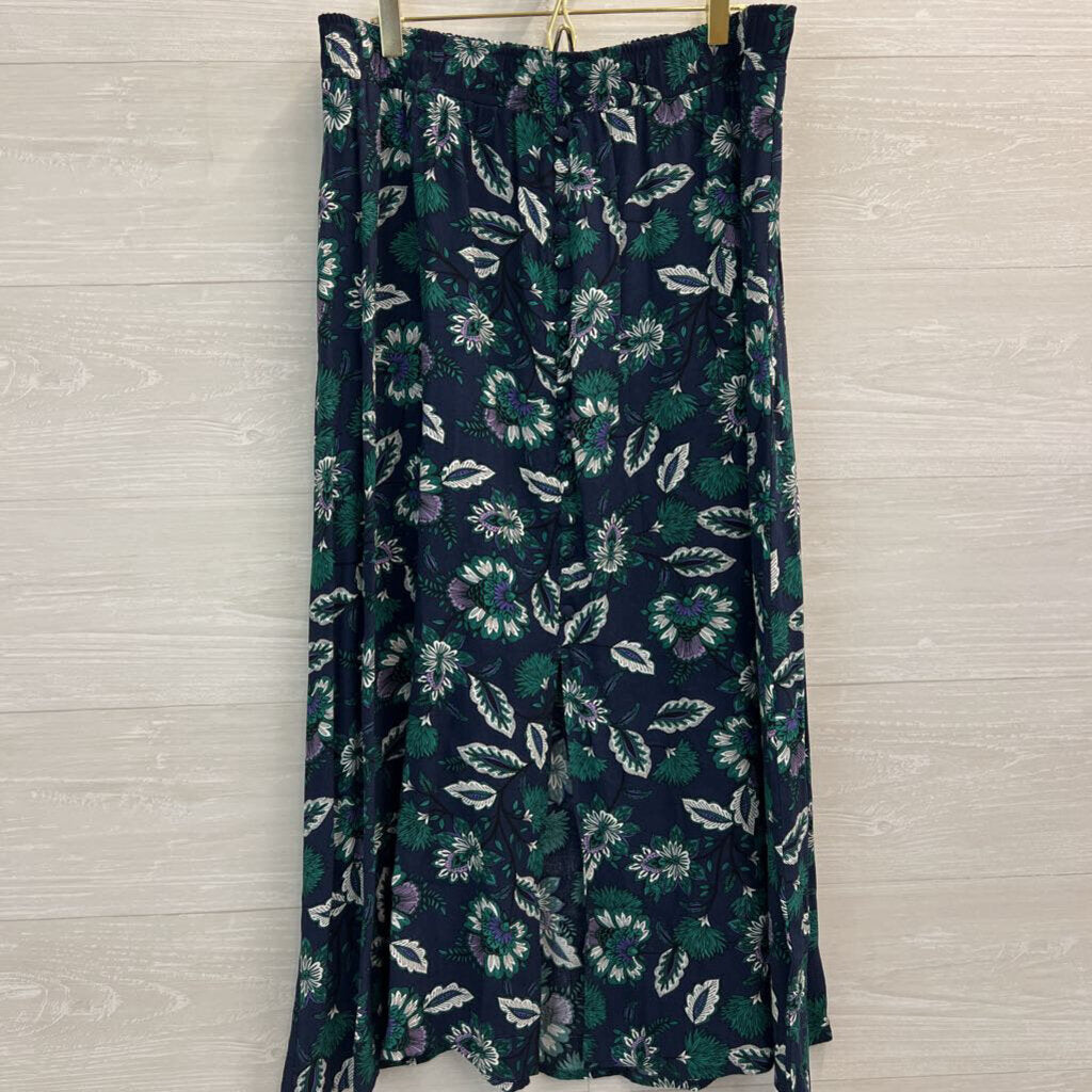 Loft Navy/ Green Print Silky Midi Skirt Large