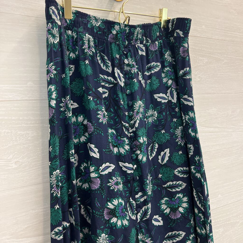 Loft Navy/ Green Print Silky Midi Skirt Large
