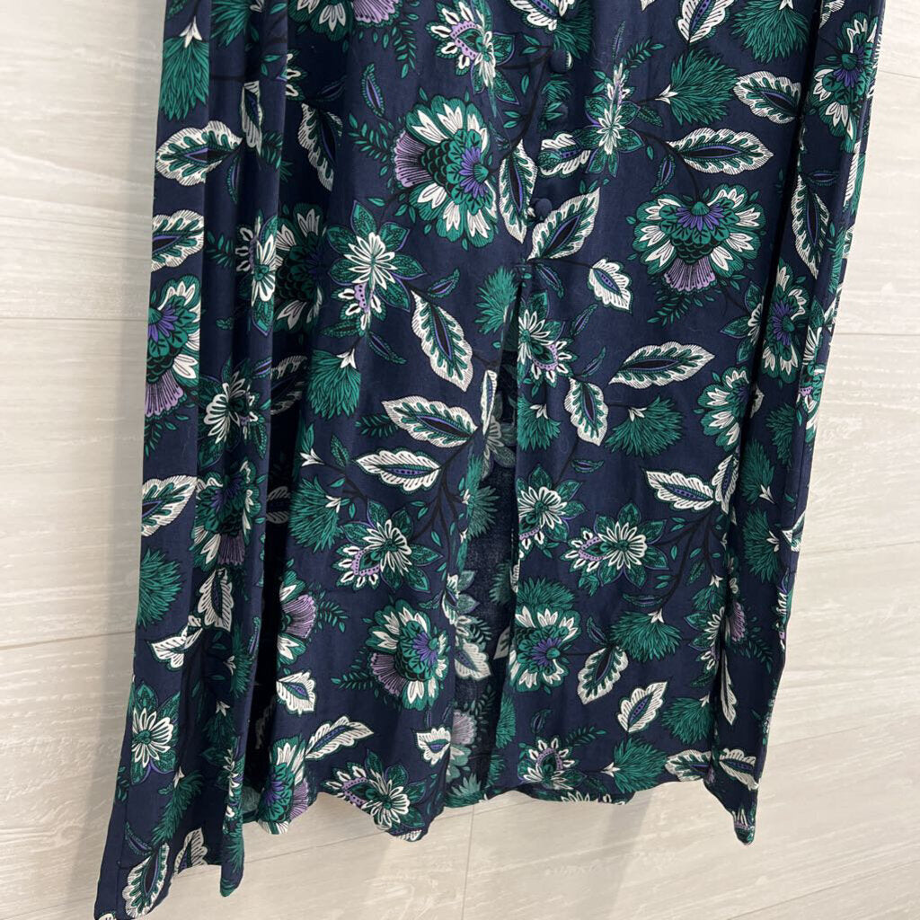 Loft Navy/ Green Print Silky Midi Skirt Large