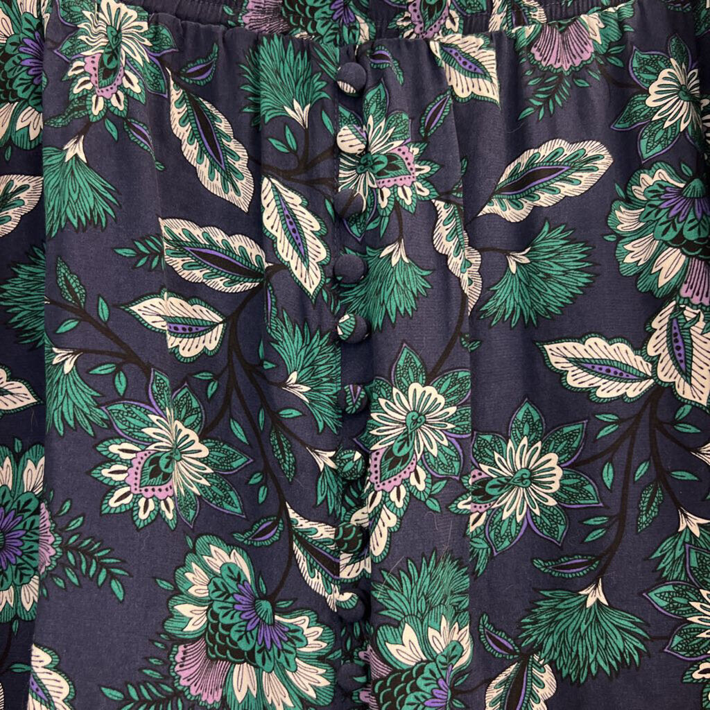 Loft Navy/ Green Print Silky Midi Skirt Large