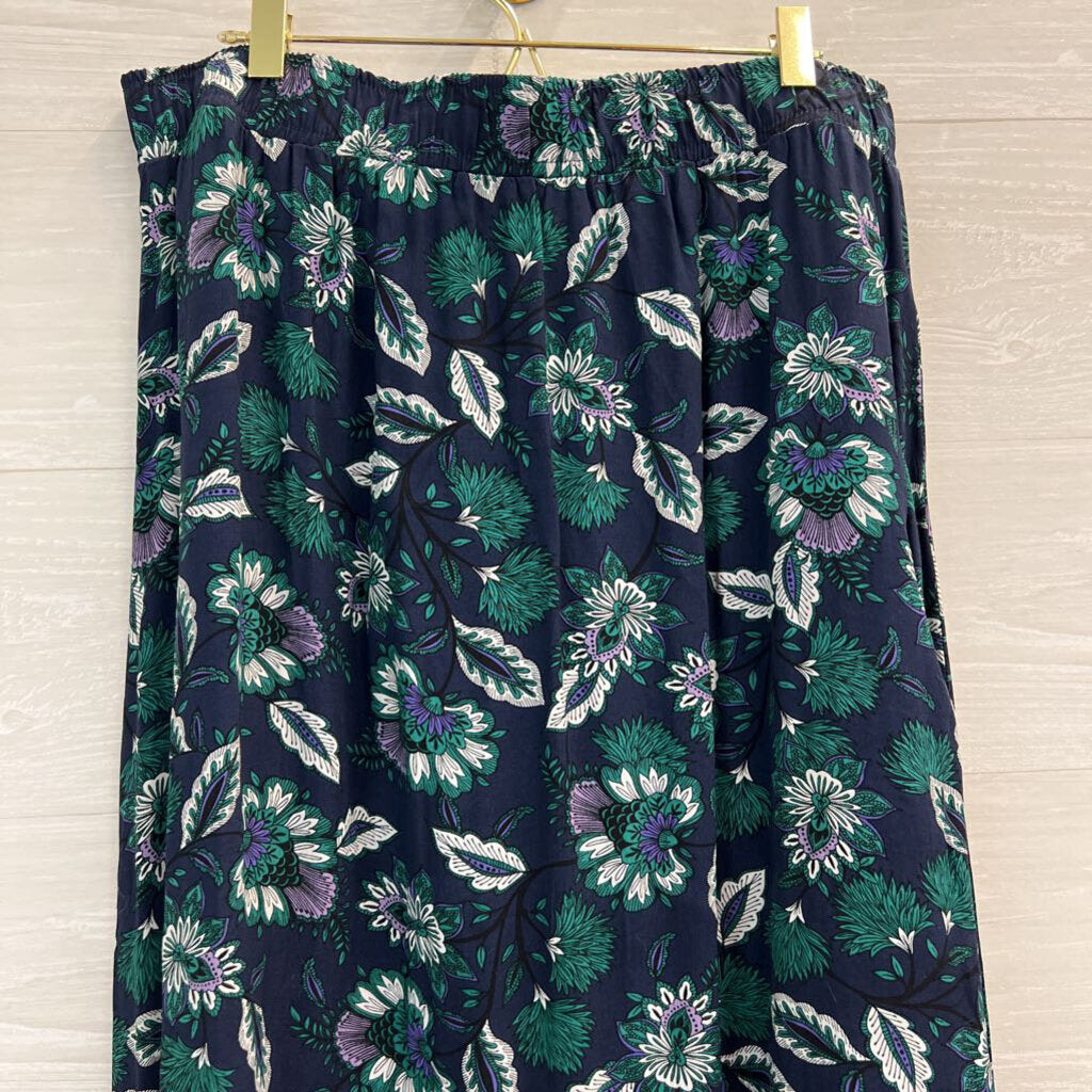 Loft Navy/ Green Print Silky Midi Skirt Large