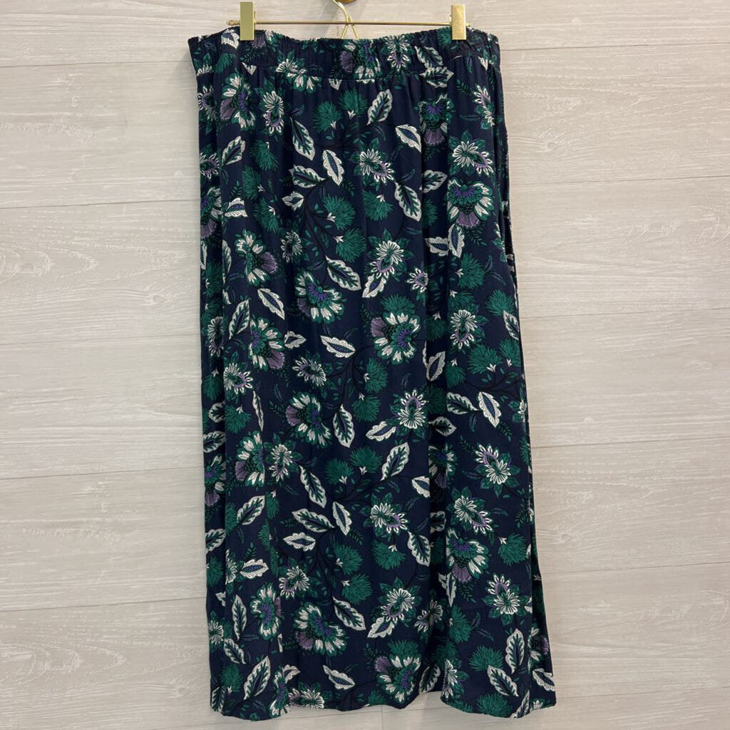 Loft Navy/ Green Print Silky Midi Skirt Large