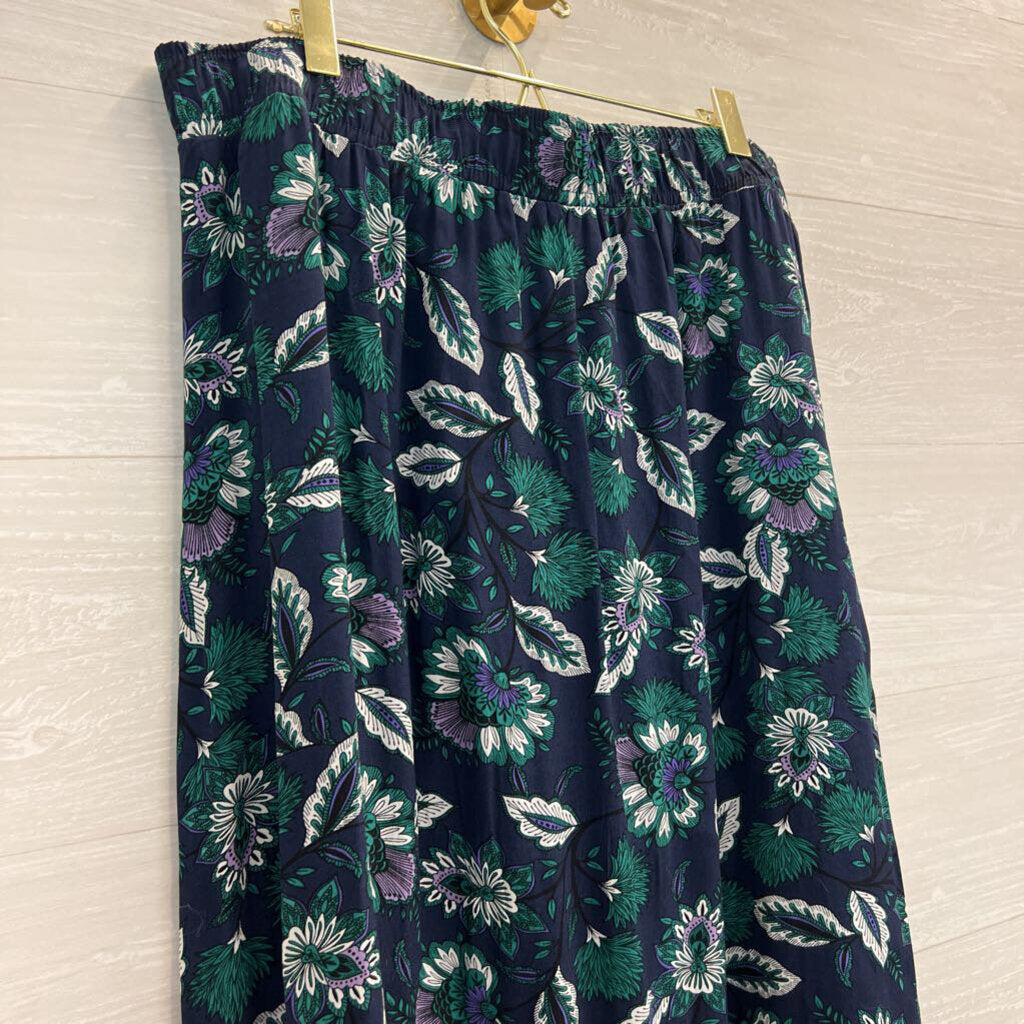 Loft Navy/ Green Print Silky Midi Skirt Large