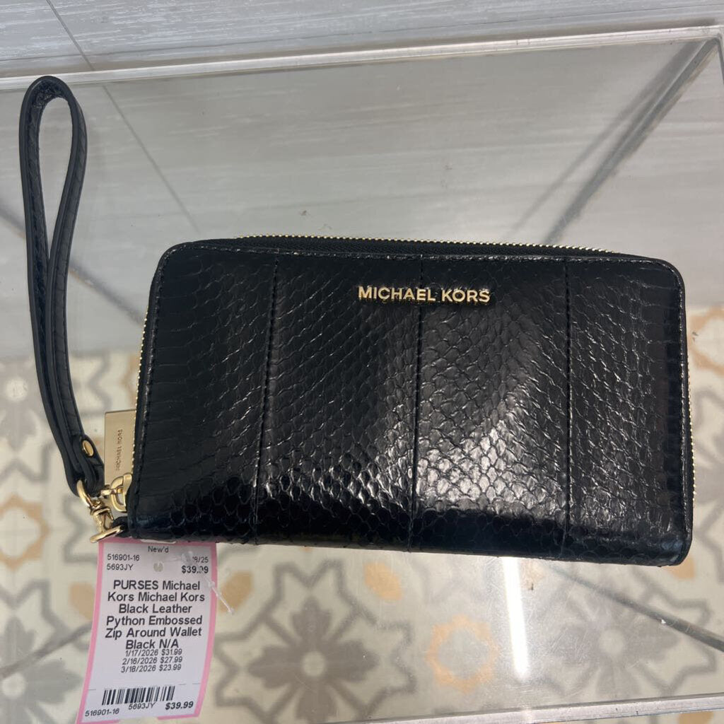 Michael Kors Black Leather Python Embossed Zip Around Wallet