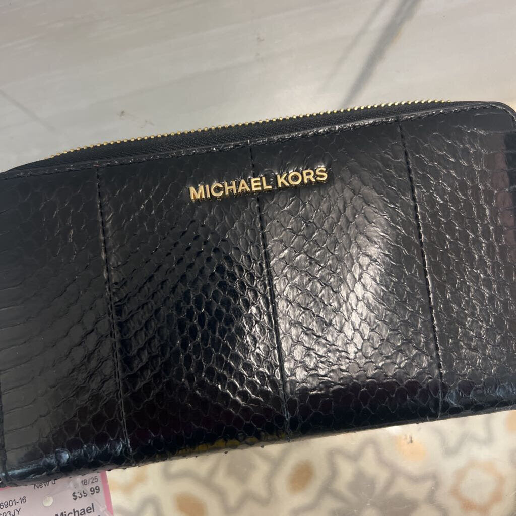 Michael Kors Black Leather Python Embossed Zip Around Wallet