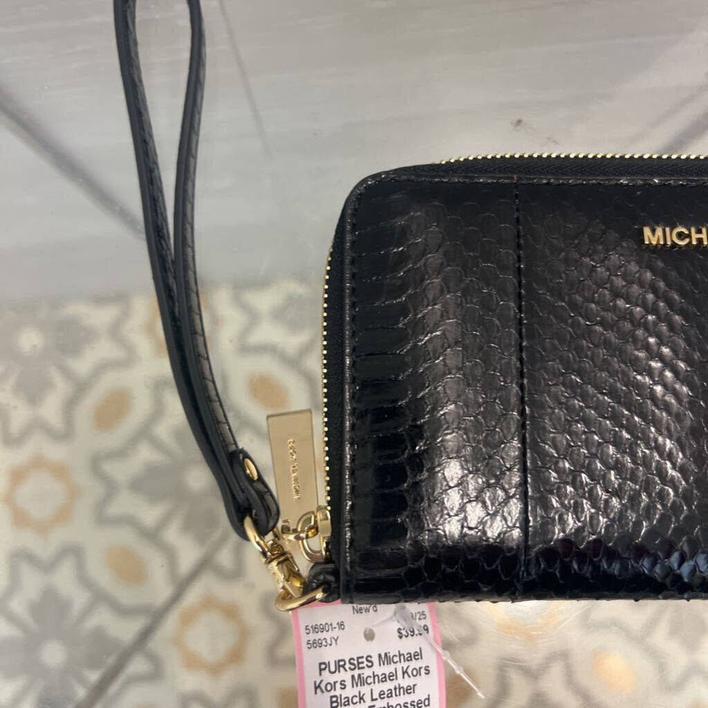 Michael Kors Black Leather Python Embossed Zip Around Wallet