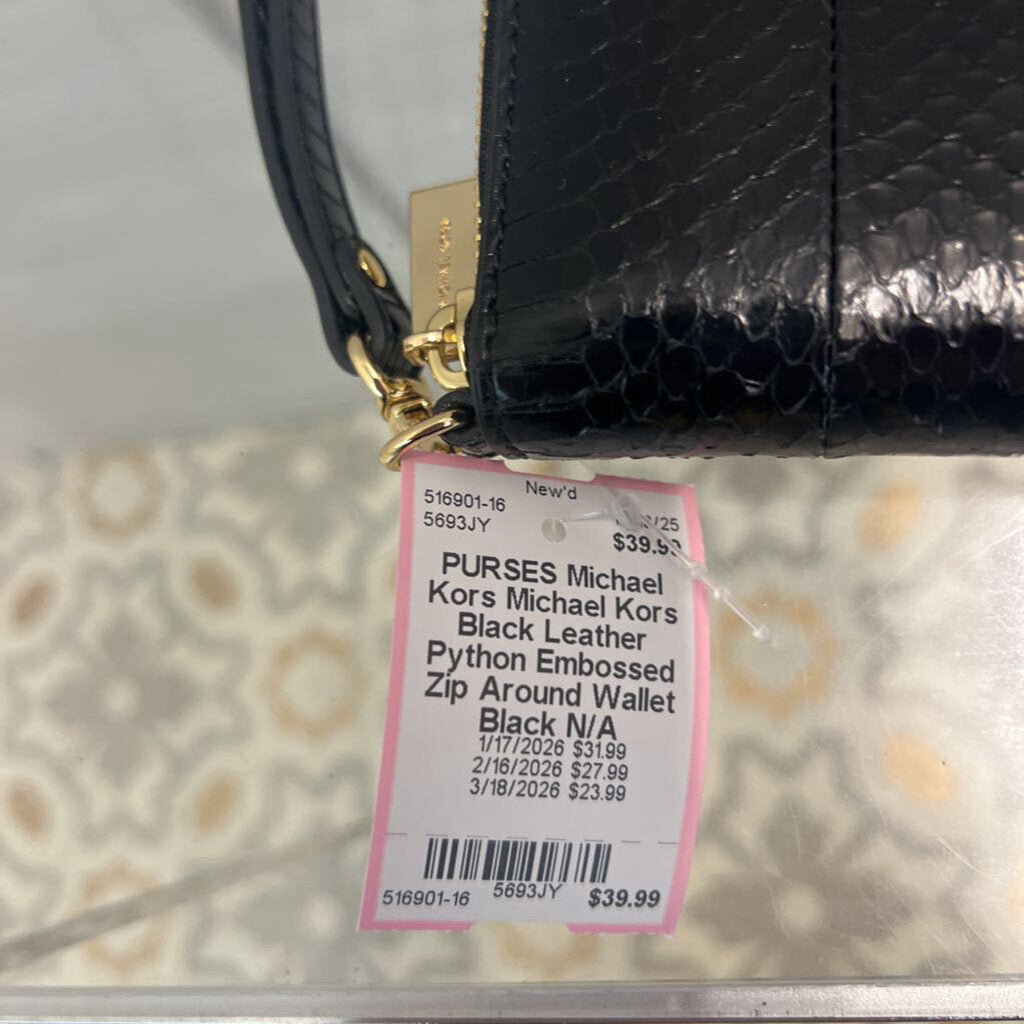 Michael Kors Black Leather Python Embossed Zip Around Wallet