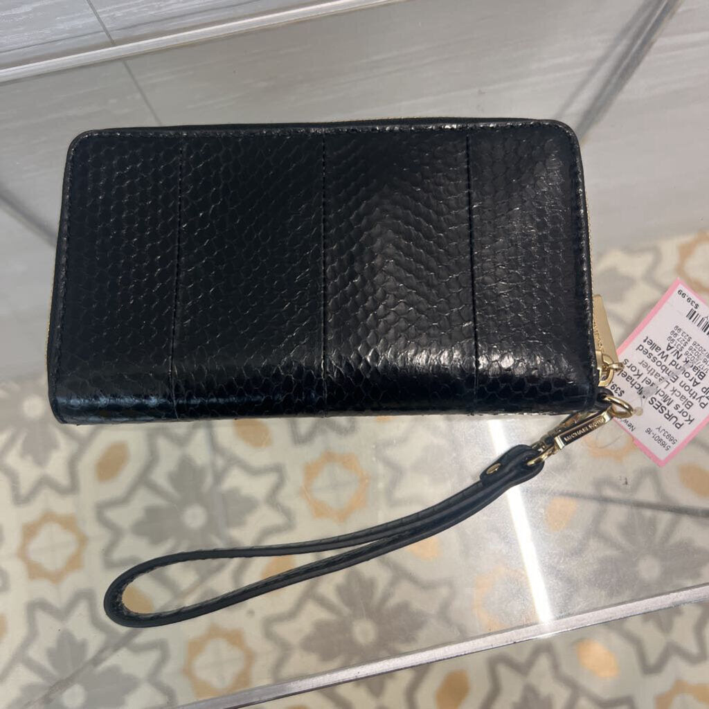 Michael Kors Black Leather Python Embossed Zip Around Wallet
