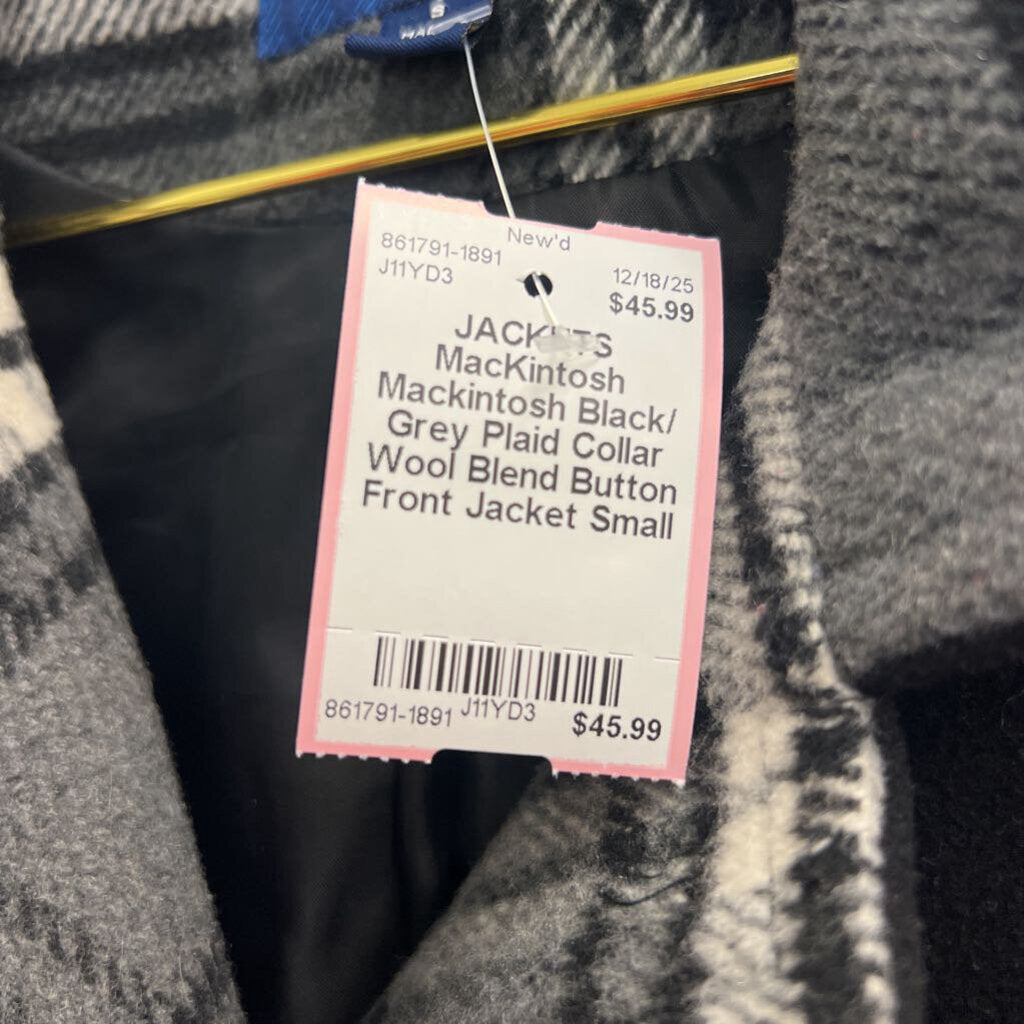 Mackintosh Black/ Grey Plaid Collar Wool Blend Button Front Jacket Small