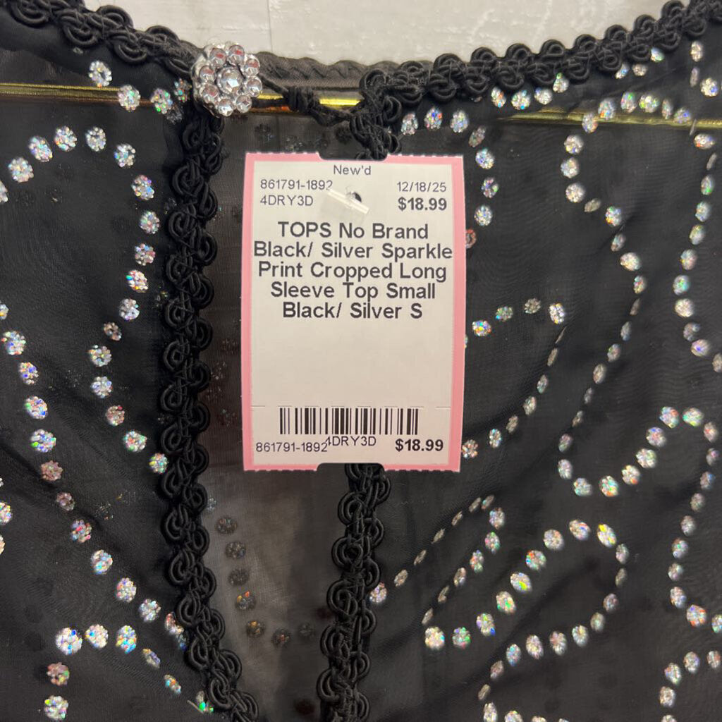 Black/ Silver Sparkle Print Cropped Long Sleeve Top Small