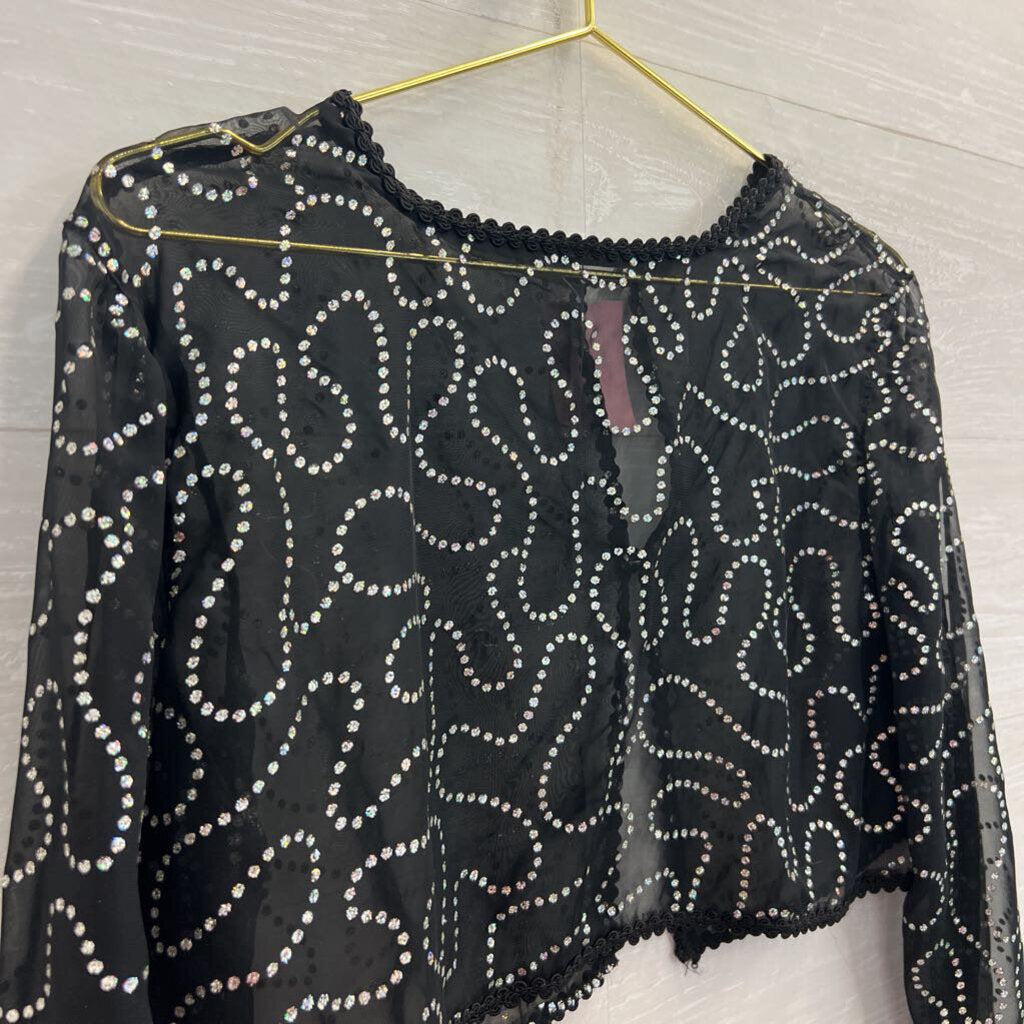 Black/ Silver Sparkle Print Cropped Long Sleeve Top Small
