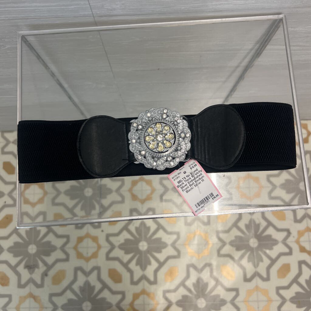 Black Thick Stretchy Silver Embellished Front Belt Medium