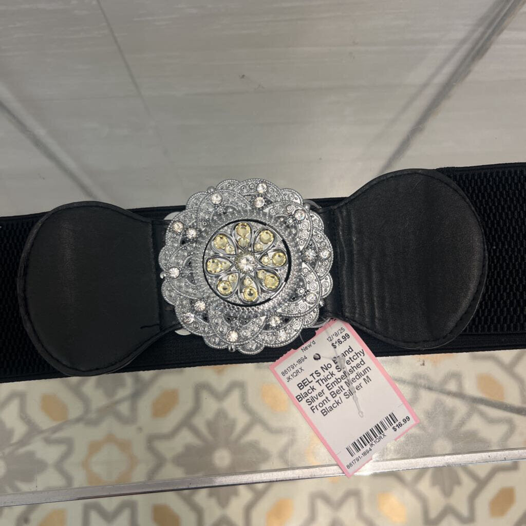 Black Thick Stretchy Silver Embellished Front Belt Medium