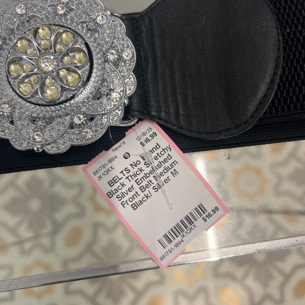 Black Thick Stretchy Silver Embellished Front Belt Medium