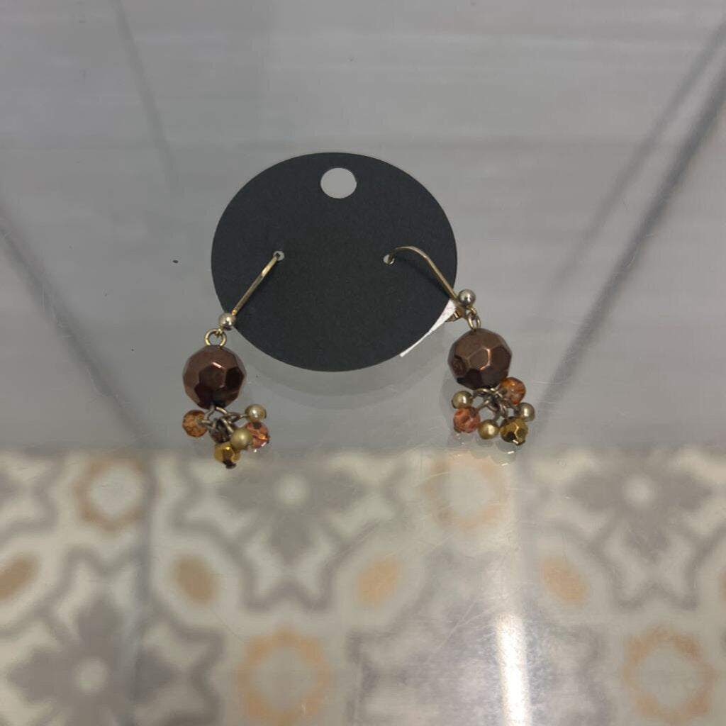 Gold/ Brown Beaded Cluster Drop Earrings