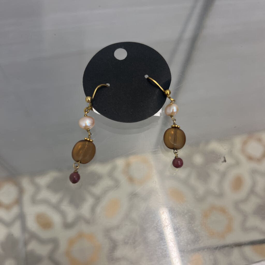 Gold/ Brown Bead Drop Earrings