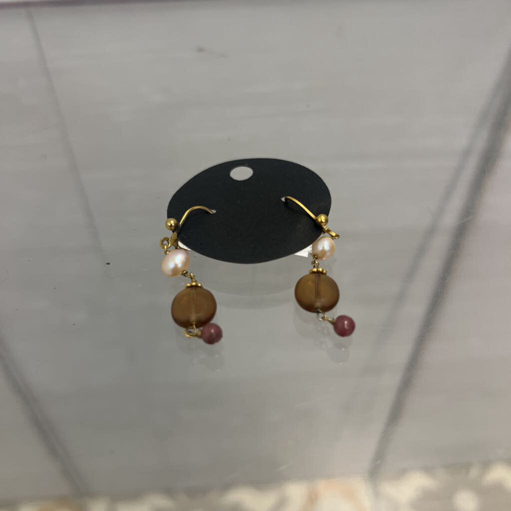 Gold/ Brown Bead Drop Earrings