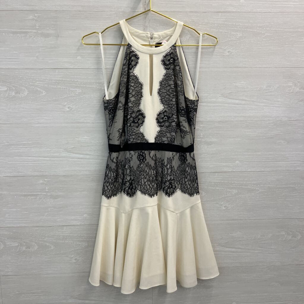BCBG White/ Black Lace Detail High Neck Mini Dress 2