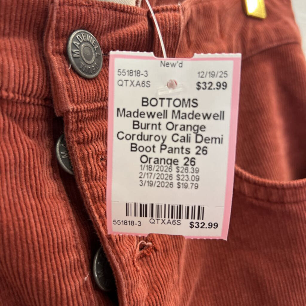 Madewell Burnt Orange Corduroy Cali Demi Boot Pants 26