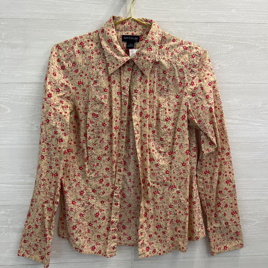 Ann Taylor Beige/ Pink Floral Print Long Sleeve Button Down Top 6