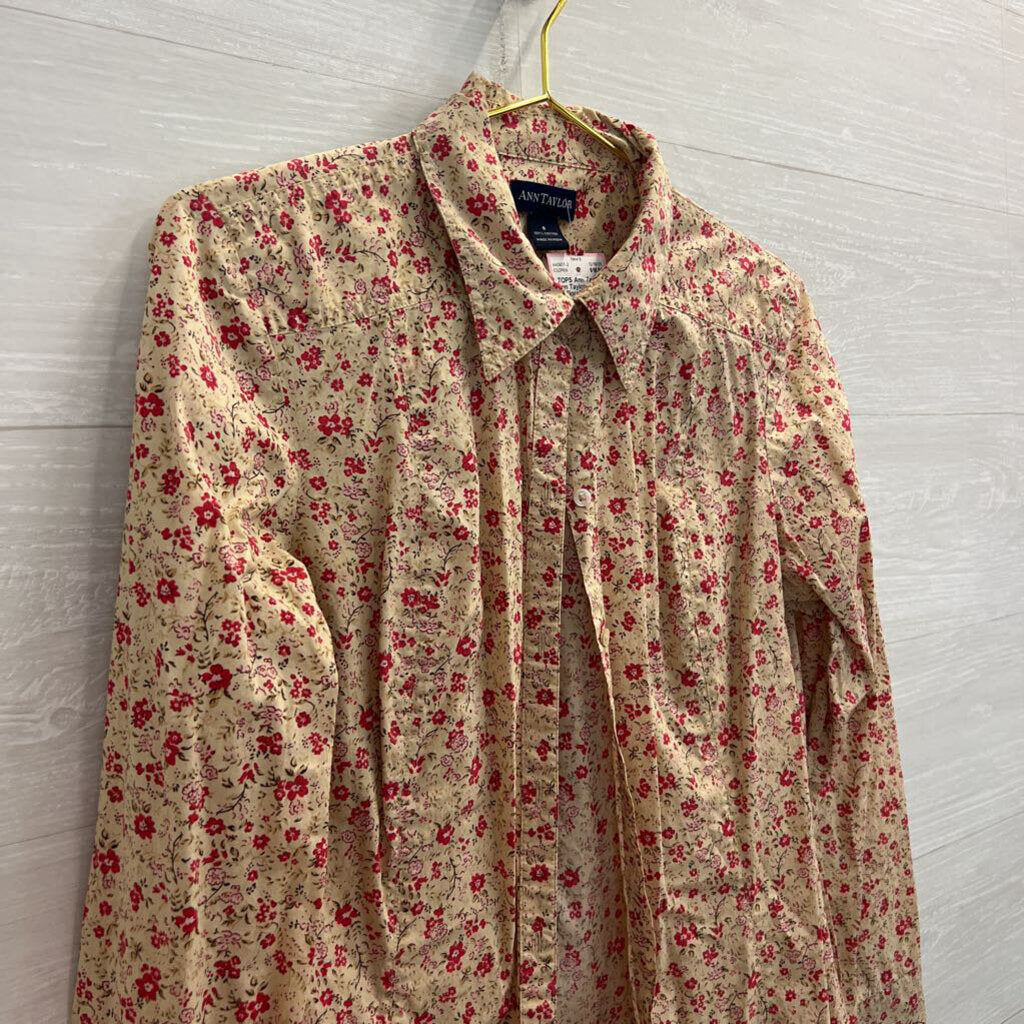 Ann Taylor Beige/ Pink Floral Print Long Sleeve Button Down Top 6