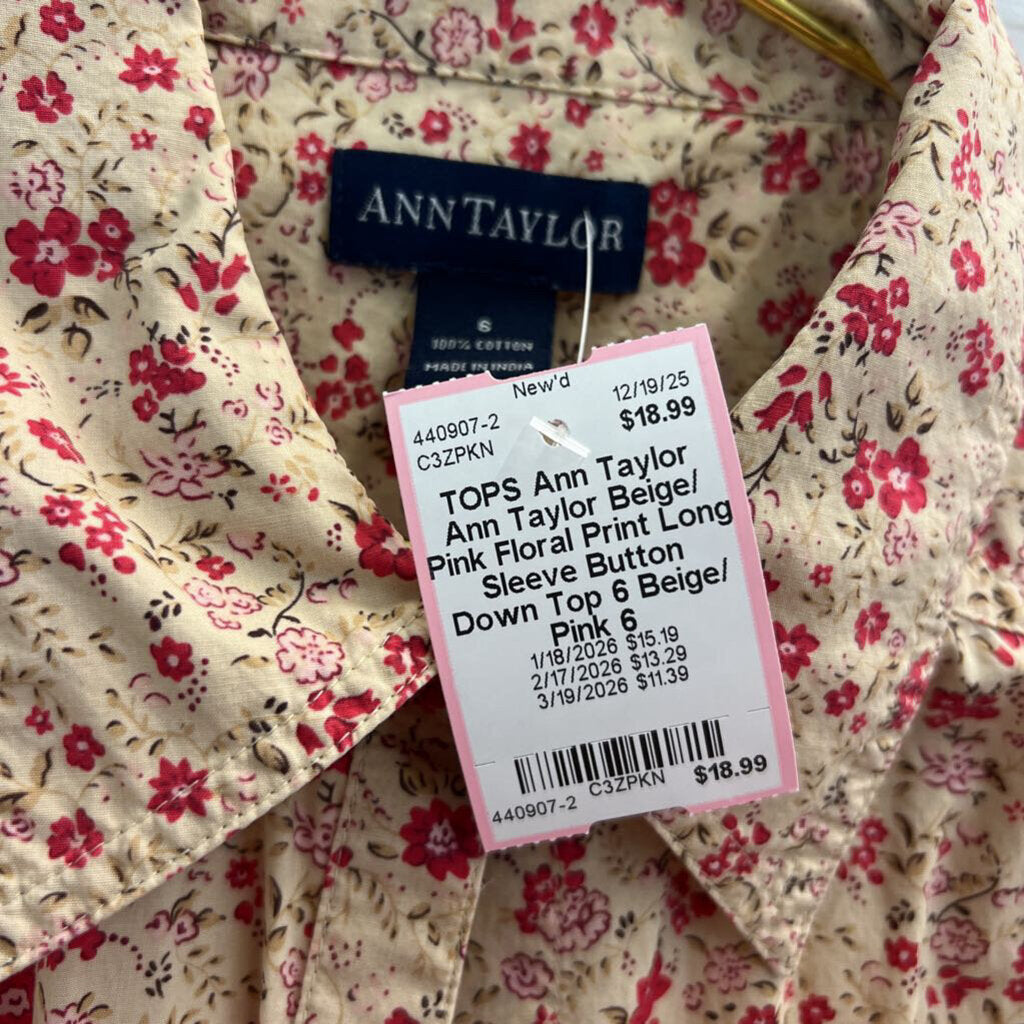 Ann Taylor Beige/ Pink Floral Print Long Sleeve Button Down Top 6