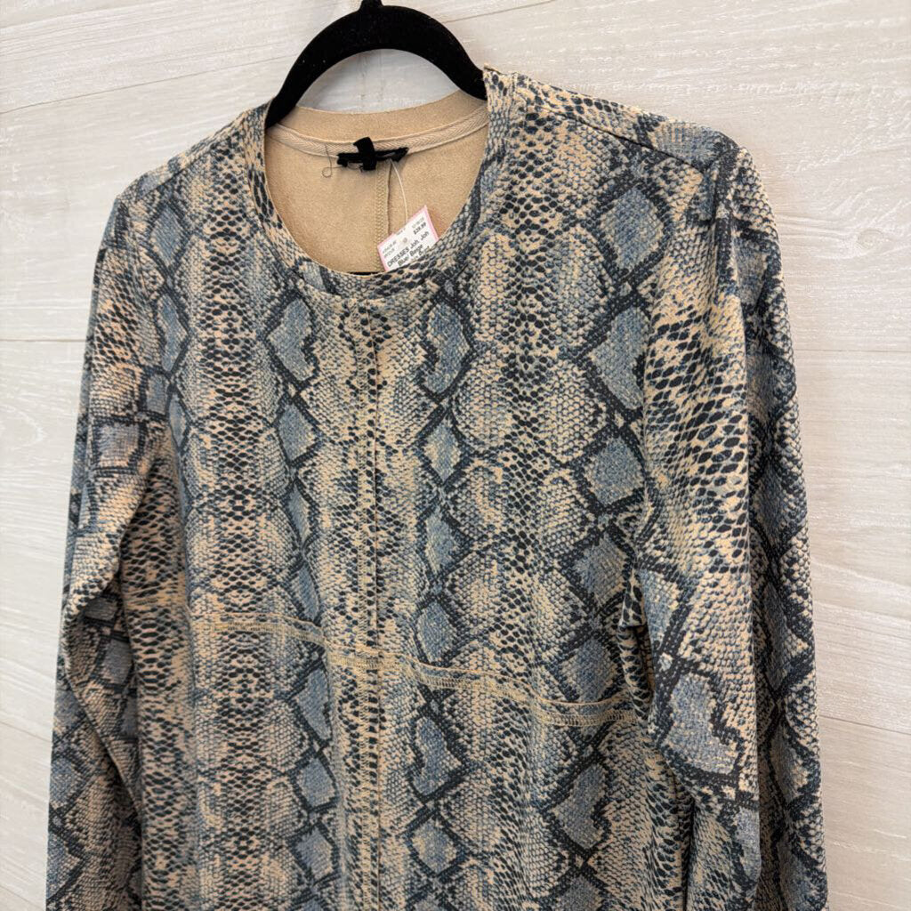 Joh Blue/ Beige Snakeskin Print Suede Long Sleeve Dress Small