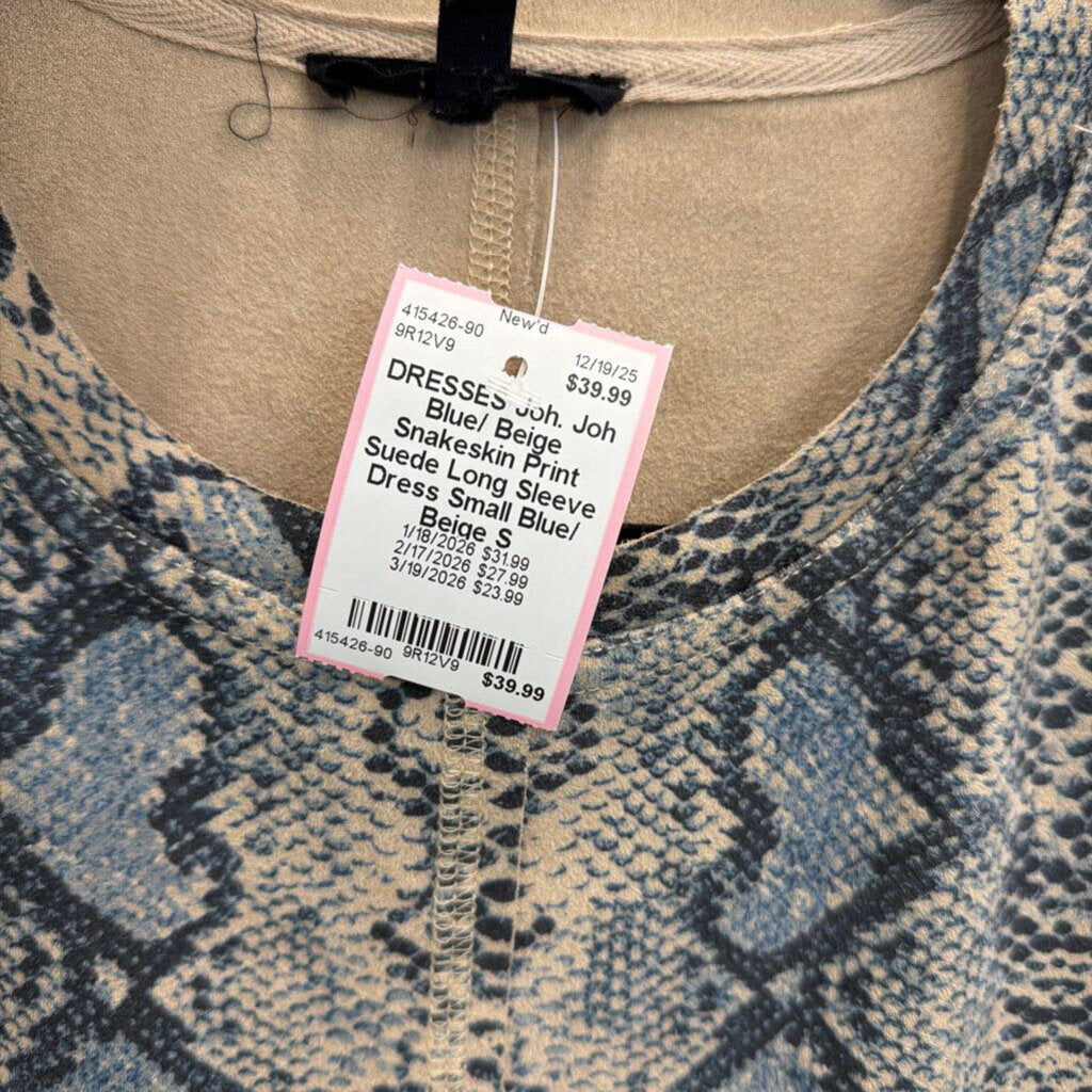 Joh Blue/ Beige Snakeskin Print Suede Long Sleeve Dress Small