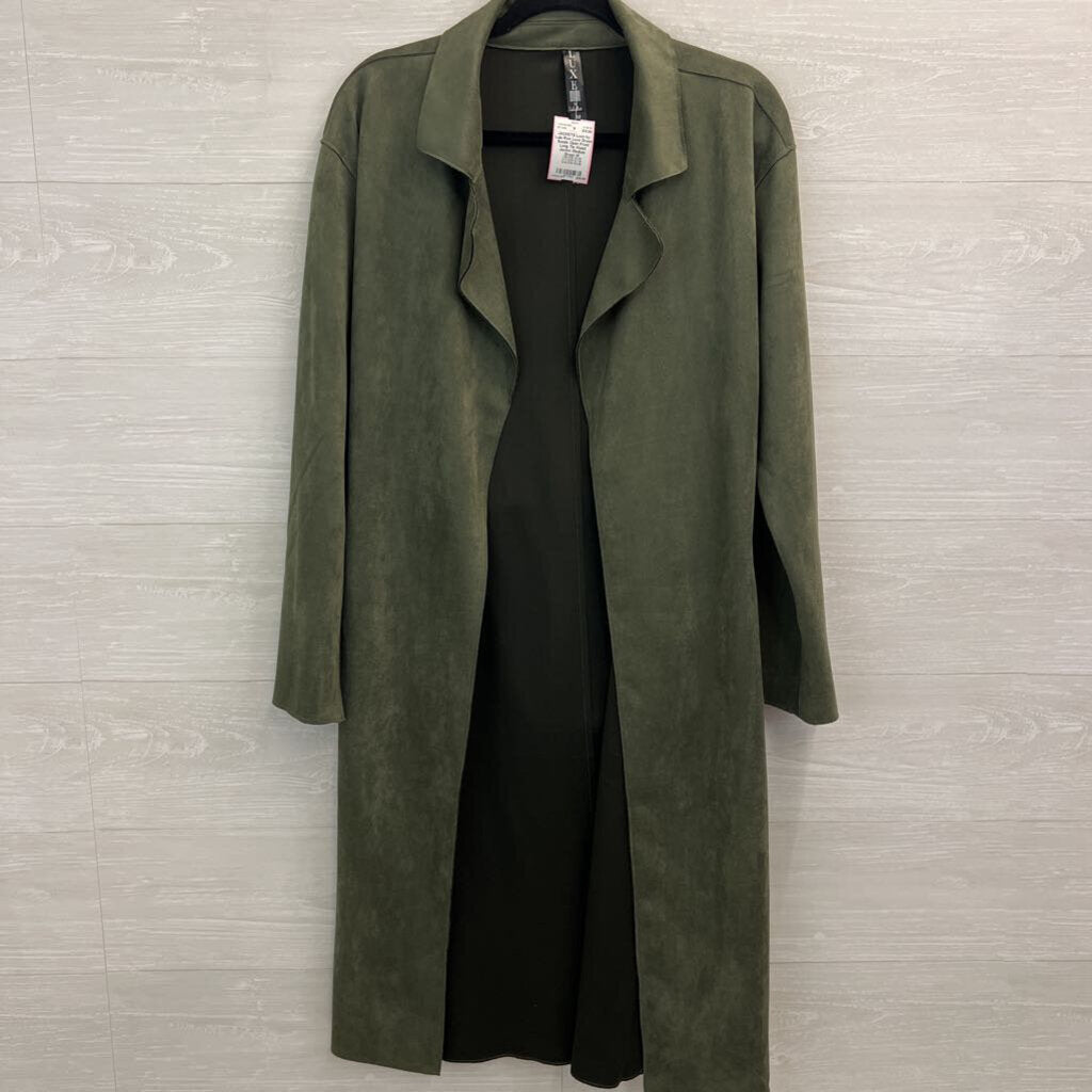 Luxe Green Suede Open Front Long Tie Waist Jacket Medium