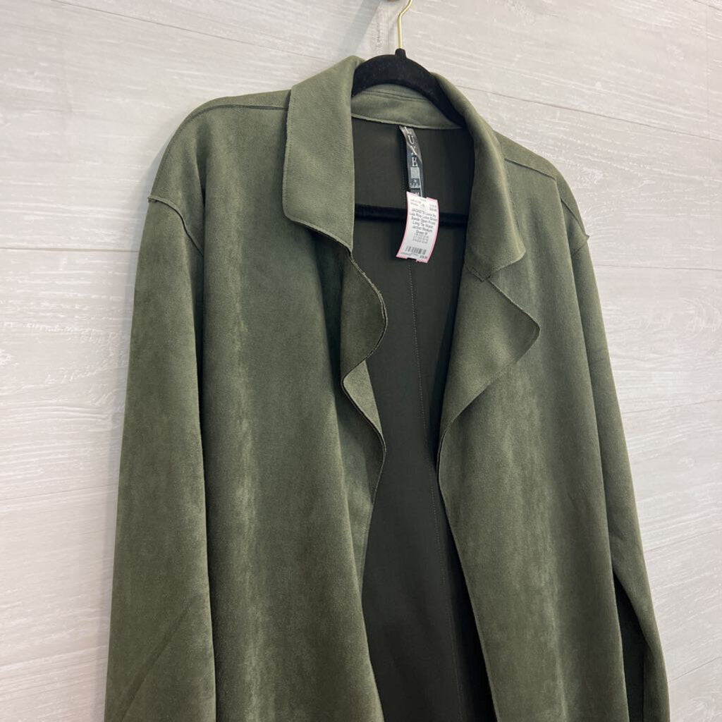 Luxe Green Suede Open Front Long Tie Waist Jacket Medium