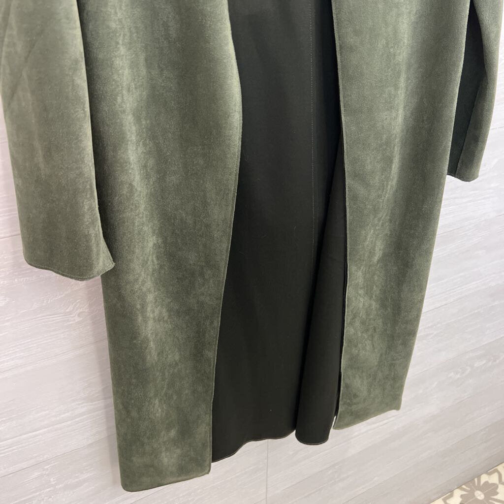 Luxe Green Suede Open Front Long Tie Waist Jacket Medium